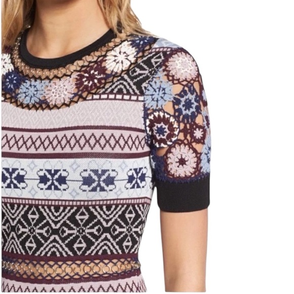 Parker Carol Crochet Flowers Bodycon Short Sleeve Knit Midi  Dress Size Small - Picture 5 of 9